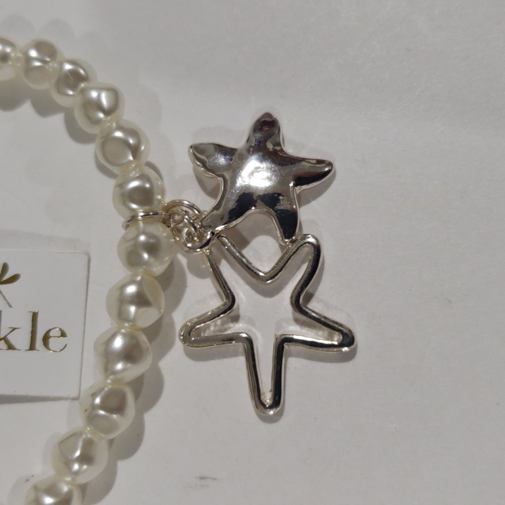 Periwinkle Silver tone Stars Beaded Stretchy Bracelet - Women's Fashion Jewelry - Picture 5 of 8
